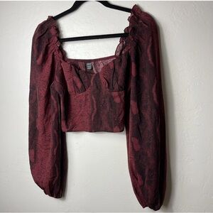 ♥️🐍 Elegant Burgundy Snakeskin Long Sleeve Women's Crop Top